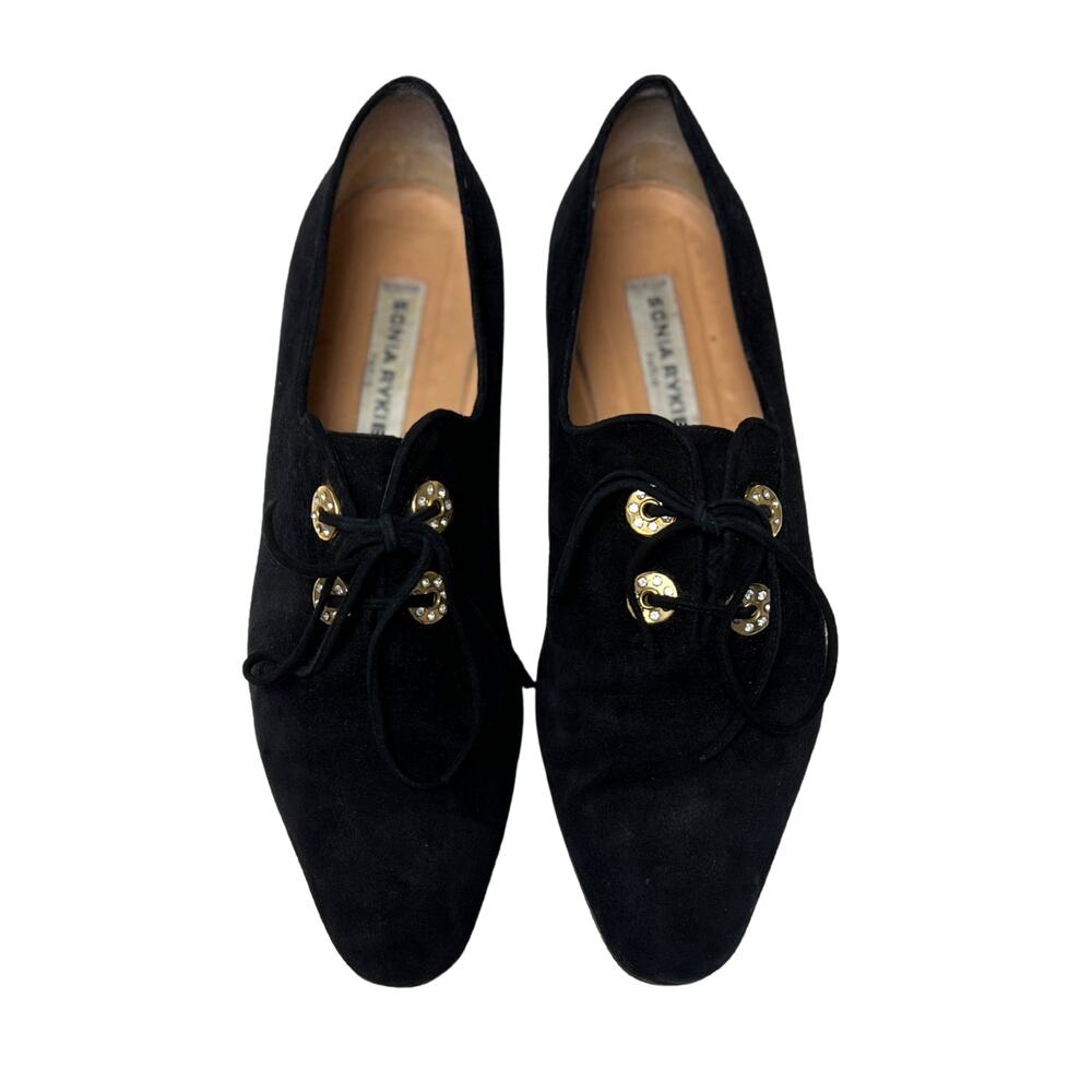 SONIA RYKIEL Vintage US 8/FR 38.5 Black Oxford Flats Rhinestone Grommets – 1990s